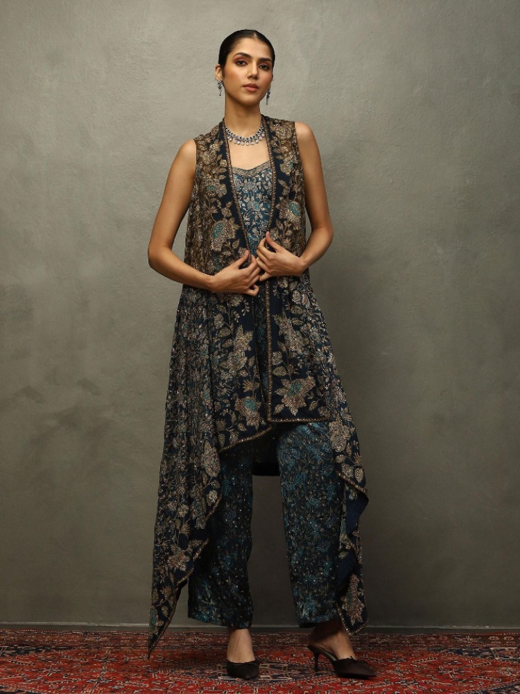 Ink blue & moss Bougainvilla cape, Ri Ritu Kumar