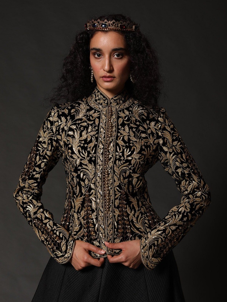 Black velvet short Jacket with embroidery, Rohit Bal