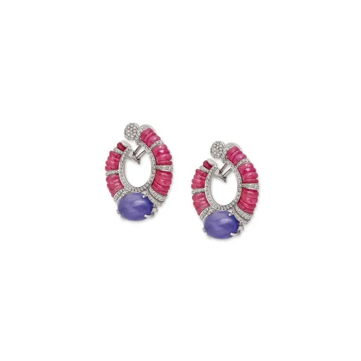Rose Ruby and tanzanite hoop earrings