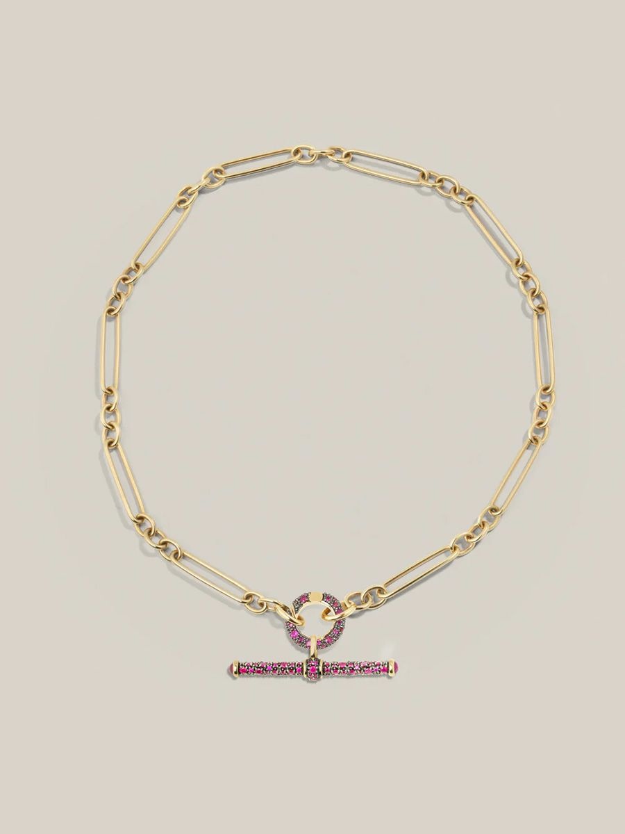 The Nod Locks and Links: Lucy Delius Ruby T-bar pendant with Trombone link chain