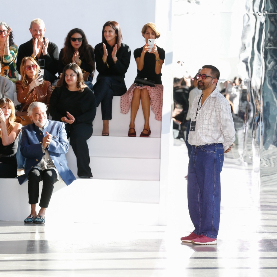 The designer Sabyasachi Mukherjee at curtain call at his NYFW show