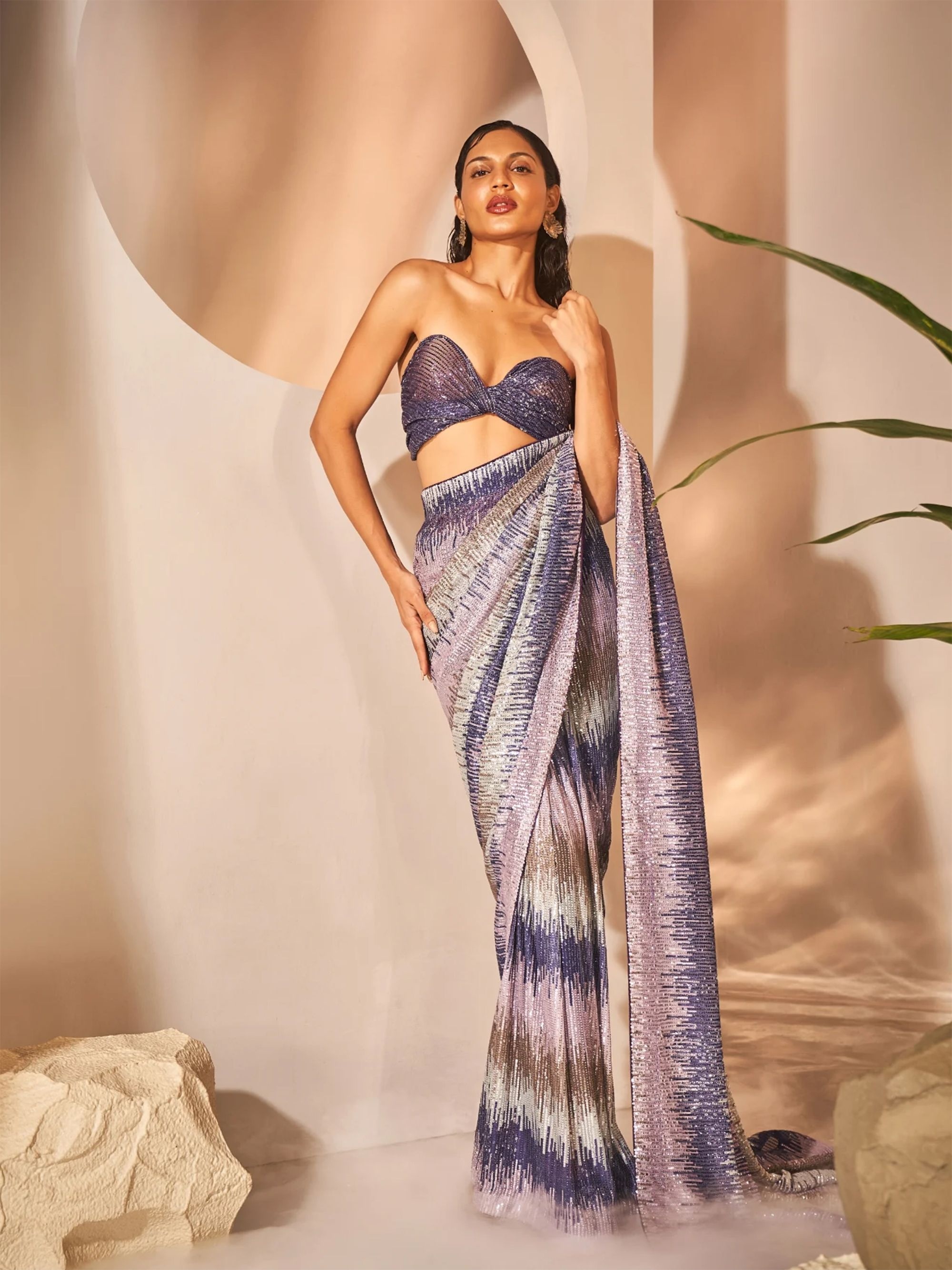 Dual tone hand embroidered sari