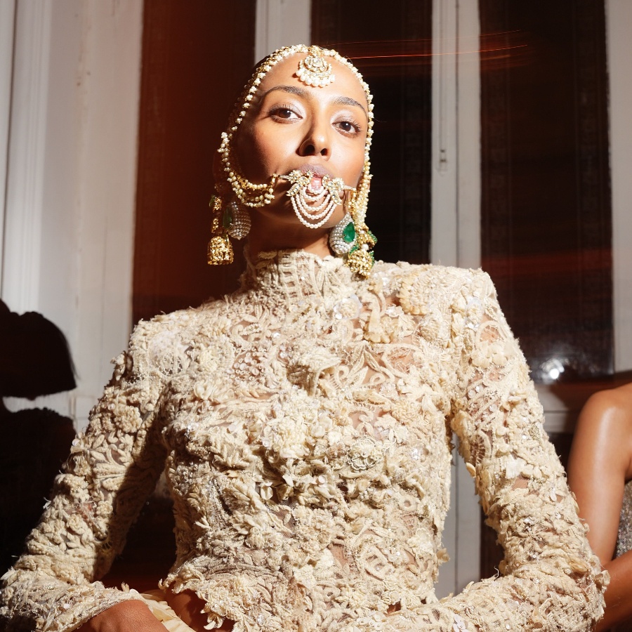 Backstage Image from Anamika Khanna's opening show at ICW 2026—jewellery partner Birdhichand Ghanshyamdas