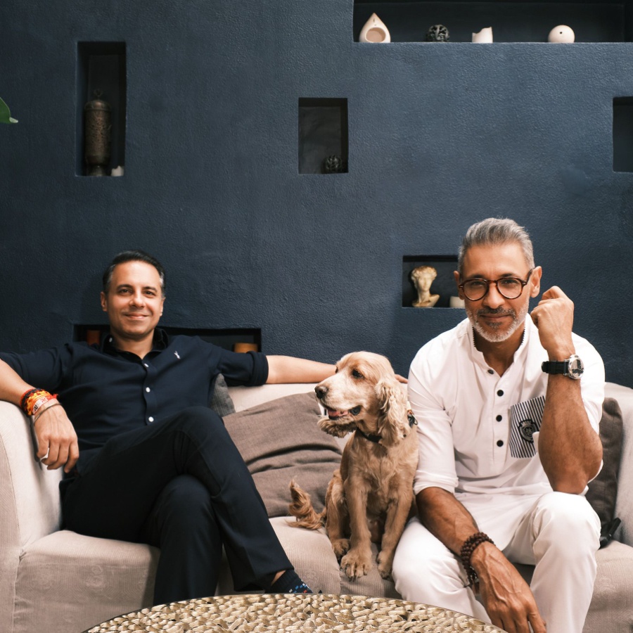 Designers Shantnu and Nikhil at their home with New Delhi with their pet dog