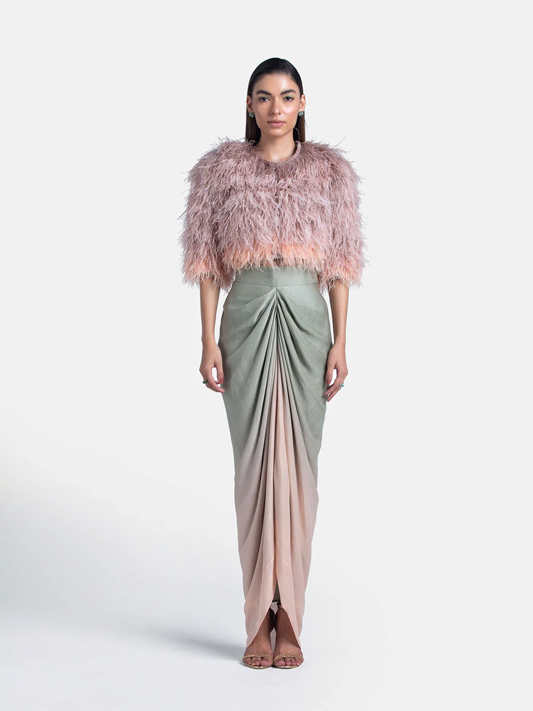 Shweta Kapoor ombre skirt and feather jacket