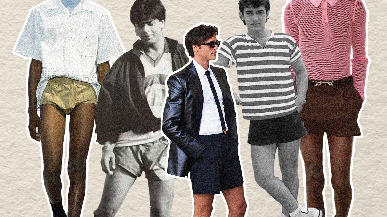 A collage of Shah Rukh Khan, Jacob Elordi, Aamir Khan wearing shorts as seen on the runways of Gucci and Prada