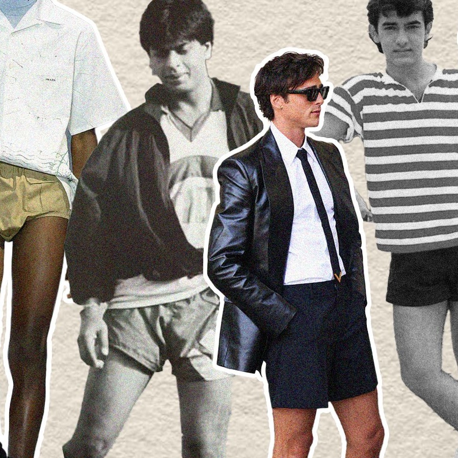A collage of Shah Rukh Khan, Jacob Elordi, Aamir Khan wearing shorts as seen on the runways of Gucci and Prada