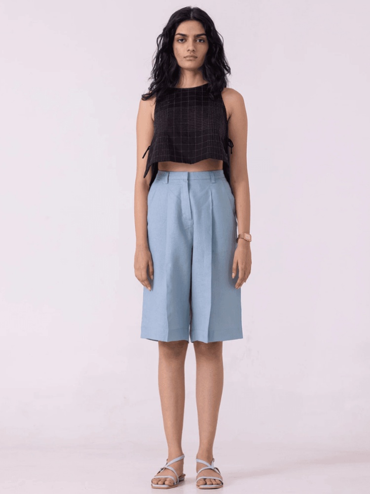 March blue linen pleated shorts, The Summer House, ₹5,800