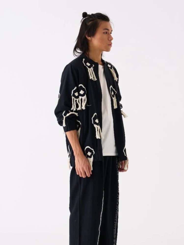 Wear Three fringe bomber jacket in black