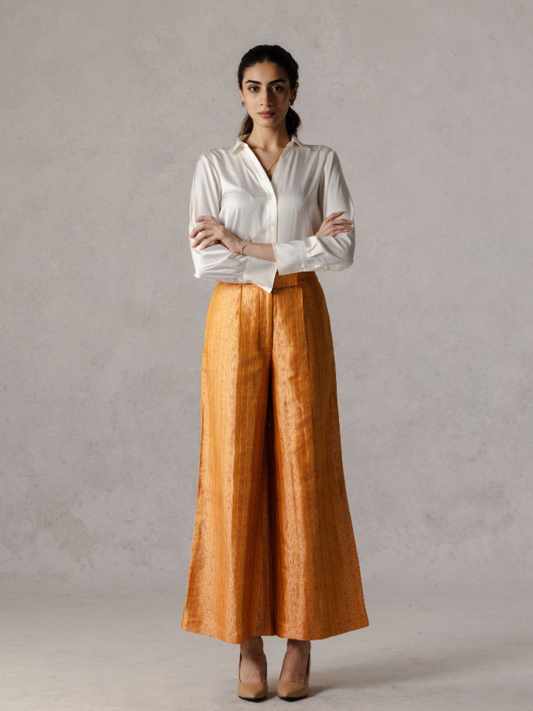 Yellow pure katan silk striped brocade pants, Tilfi