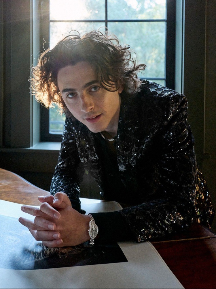 Timothee Chalamet wears a diamond-studded Cartier Crash watch