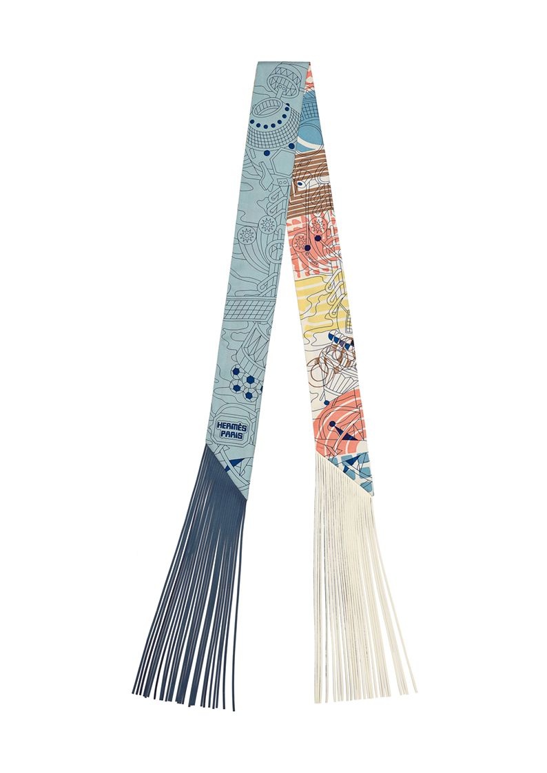 Hermès Twilly au bloc twilly in silk twill and leather fringe