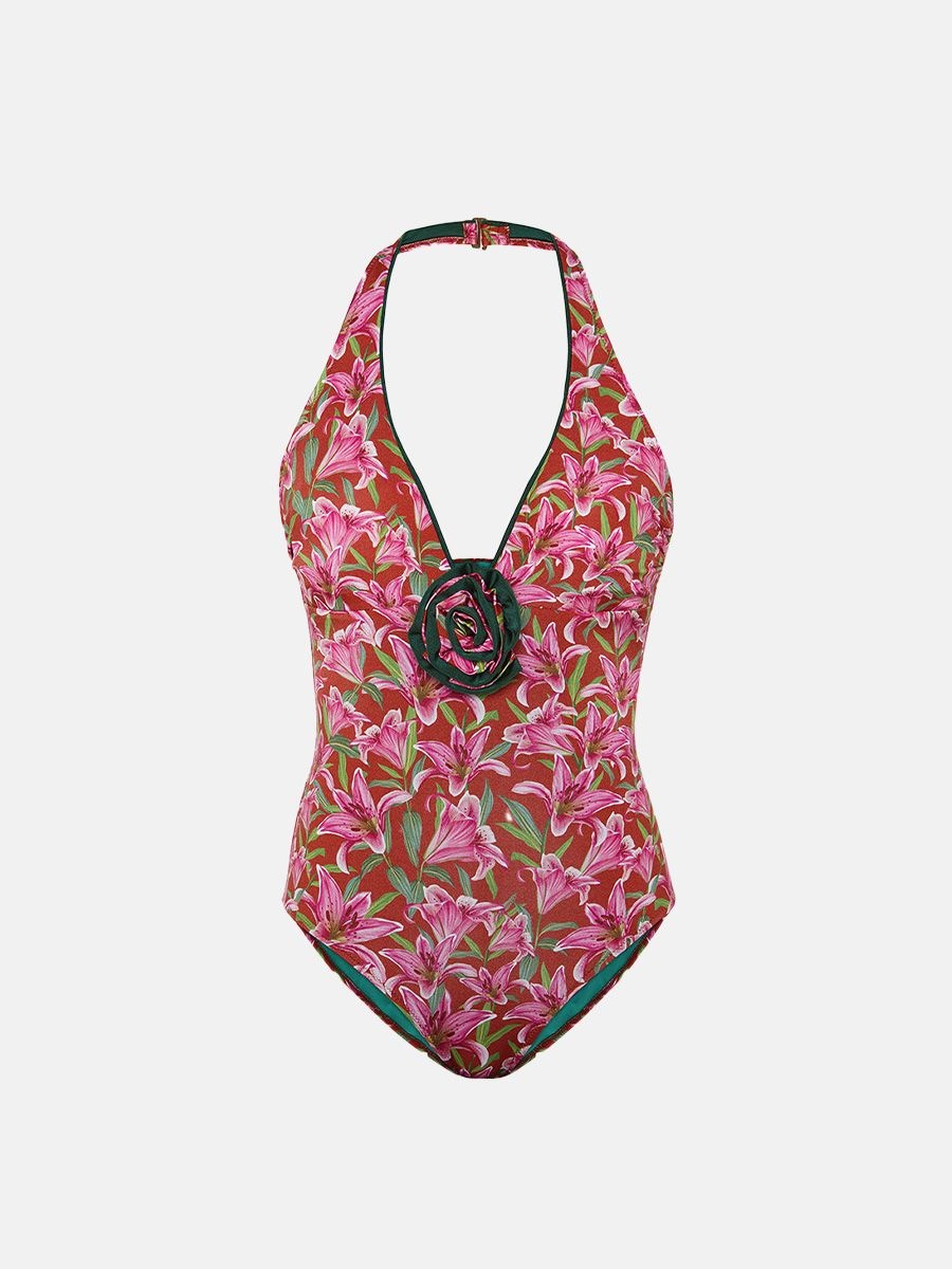 Verandah Rosette maillot, a halter-neck printed one-piece swimsuit