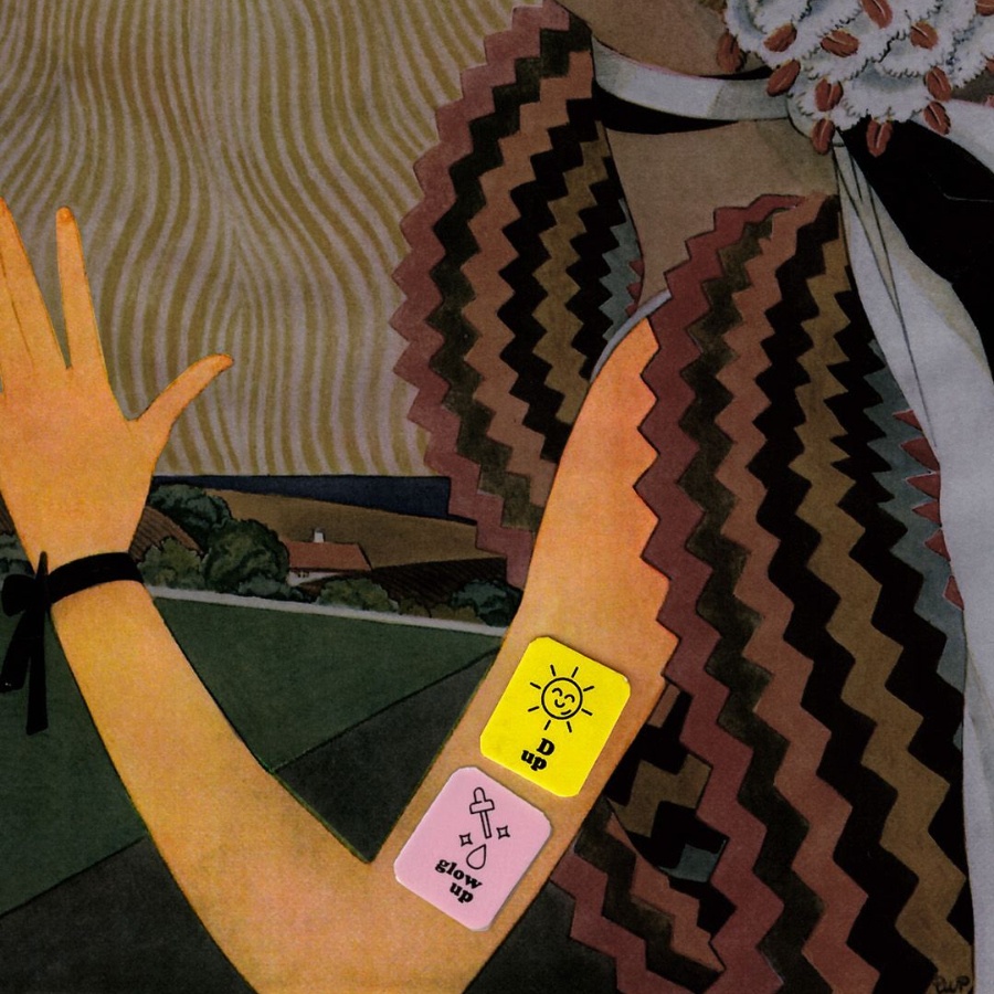 An illustration of a woman wearing vitamin and collagen patches on her arm