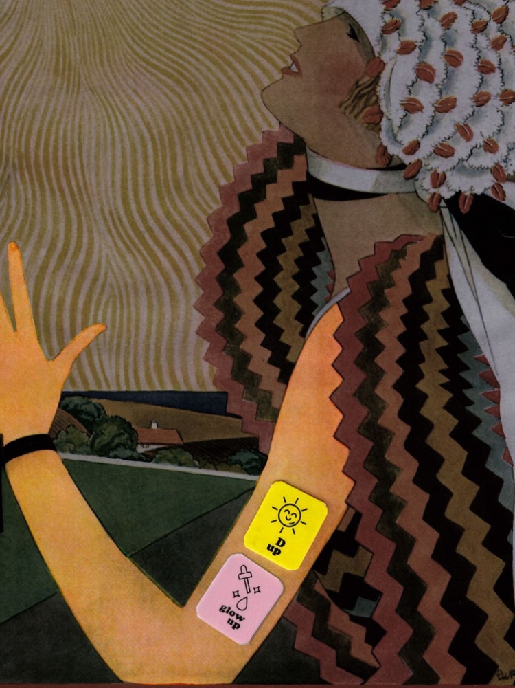 An illustration of a woman wearing vitamin and collagen patches on her arm