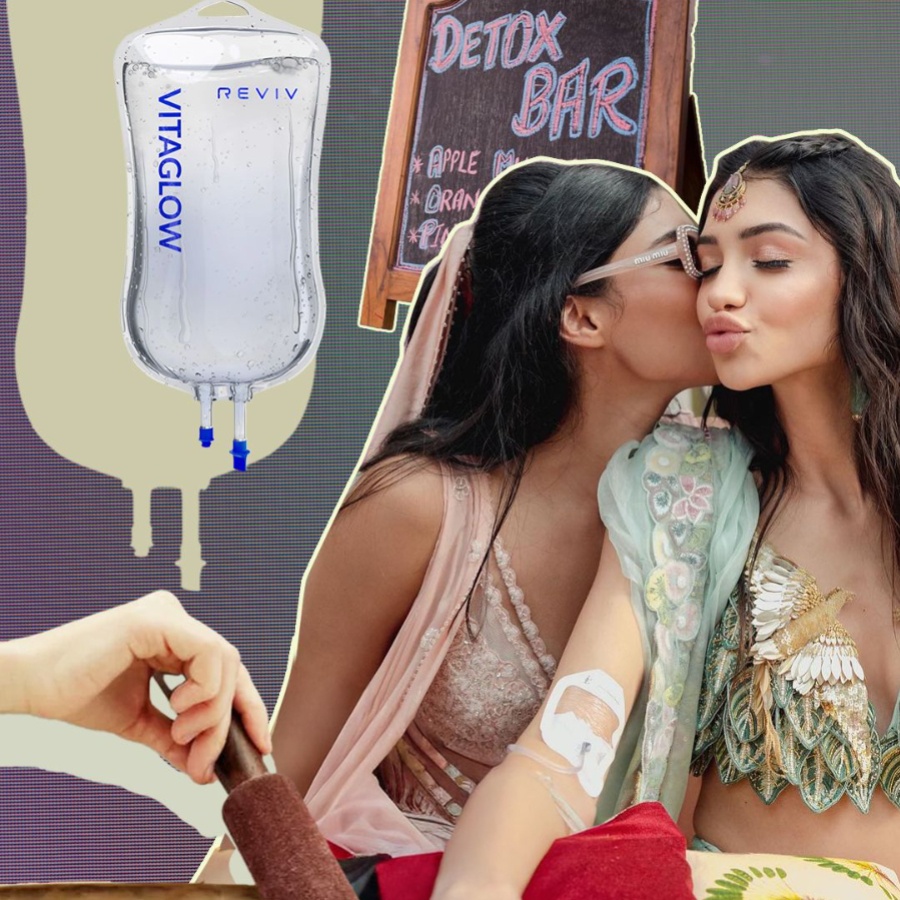 Influencer Alanna Panday getting an IV drip at her wedding mehendi function