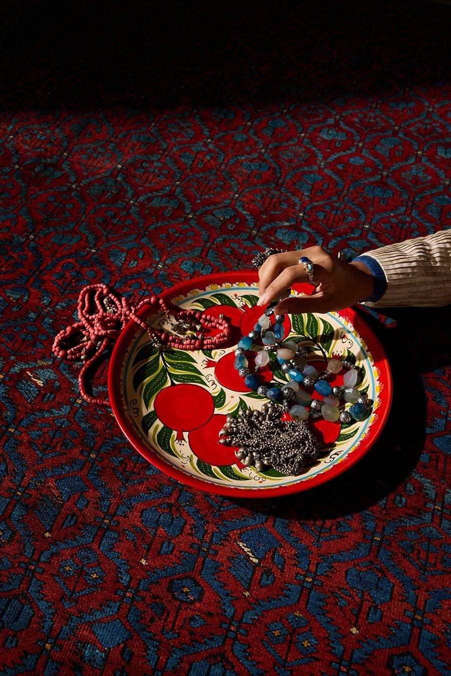 The pulav platter is from Danny and Renuka’s travels; the jewellery is Renuka’s personal collection