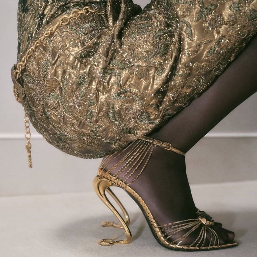 YSL Saint Laurent gold snake heels