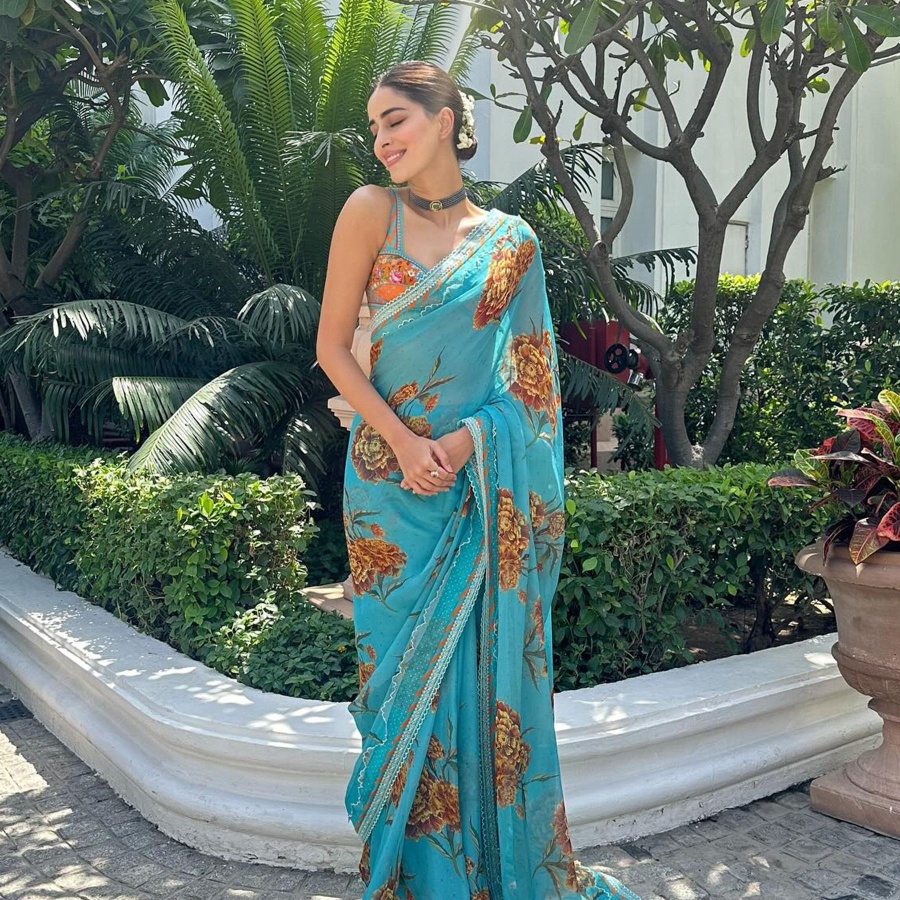 Ananya Panday in orange and blue sari