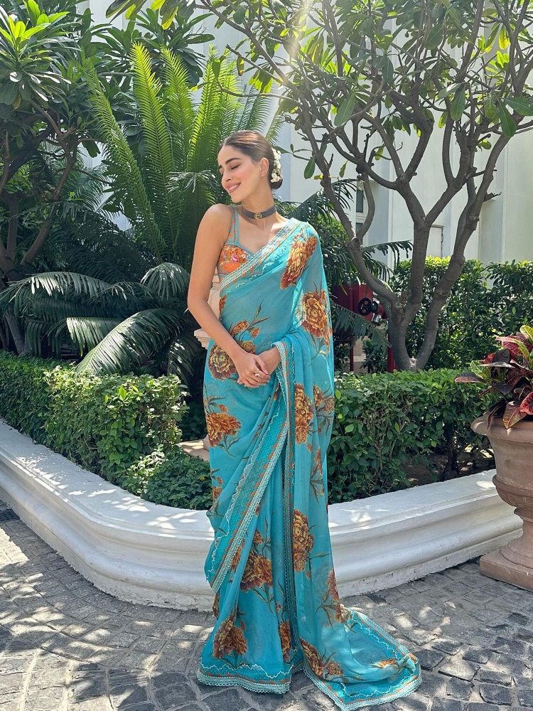 Ananya Panday in orange and blue sari