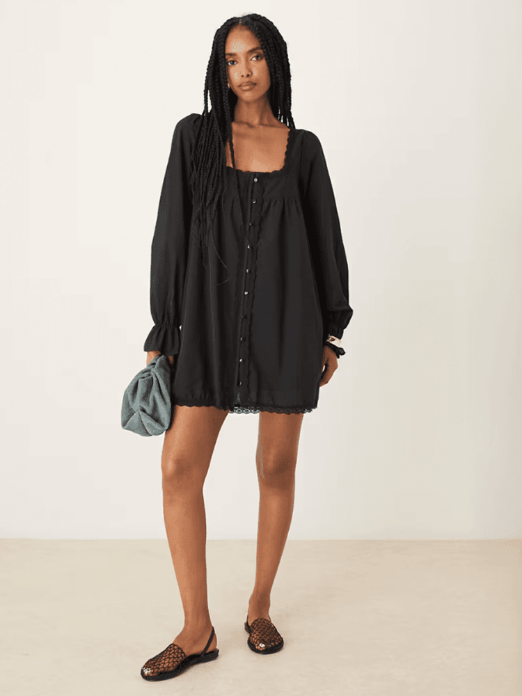 Cotton lace trim long sleeve babydoll mini dress, ASOS, ₹5,411 approx