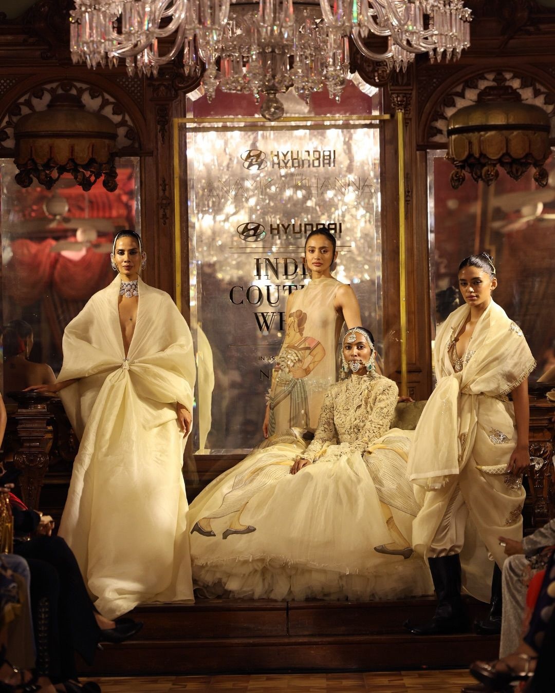 Models posing at the Anamika khanna ICW 2026 show, jewellery partner Birdhichand Ghanshyamdas