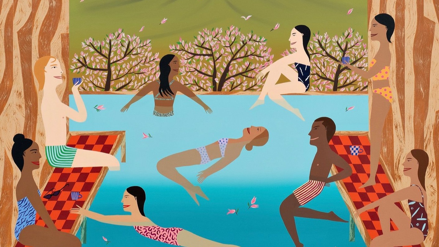 A painting by Chelsea Ryoko Wong depicting people at a pool
