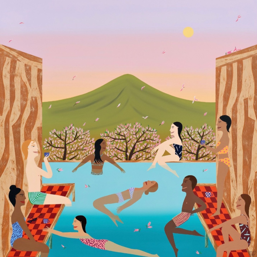 A painting by Chelsea Ryoko Wong depicting people at a pool