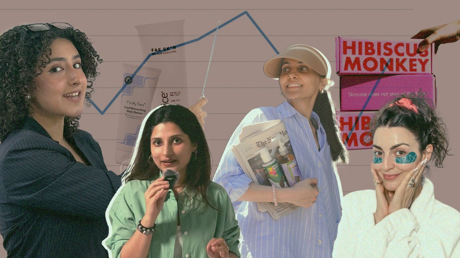 A collage of female beauty founders including Charlotte Palermino of Dieux, Karishma Kewalramani of Fae Beauty, Anshita Mehrotra of Fix My Curls and Naina Mehta of Hibiscus Monkey