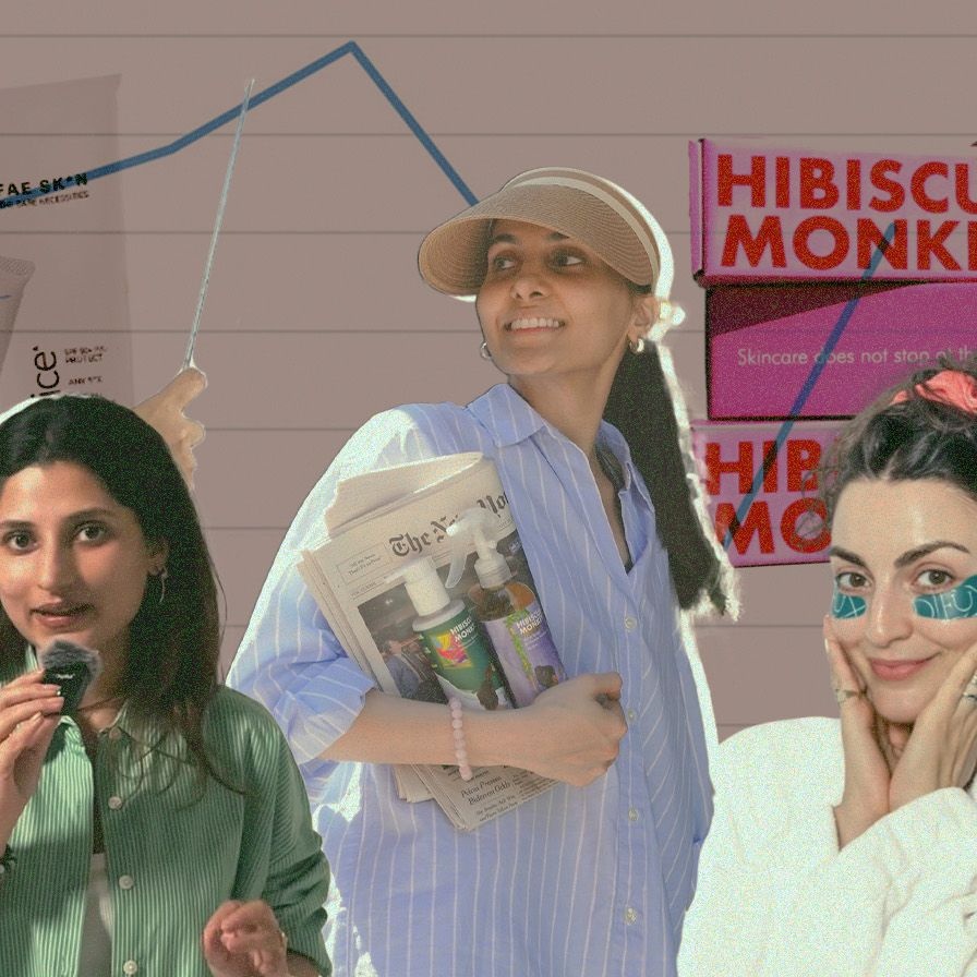 A collage of female beauty founders including Charlotte Palermino of Dieux, Karishma Kewalramani of Fae Beauty, Anshita Mehrotra of Fix My Curls and Naina Mehta of Hibiscus Monkey