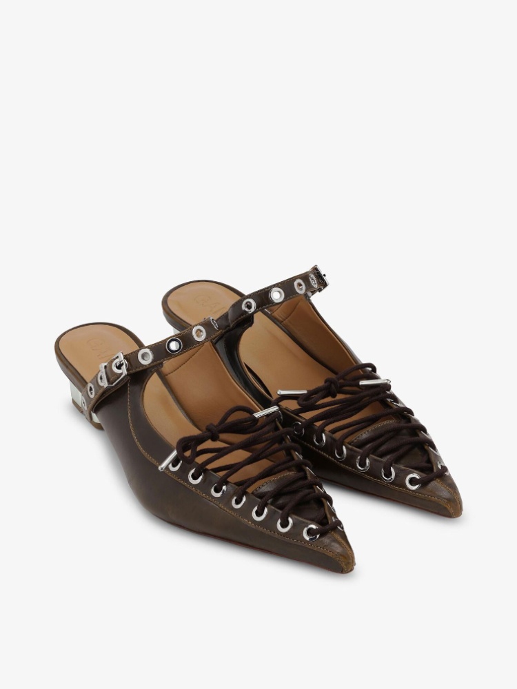 Lace-up mules in dark olive Oleatex, Ganni
