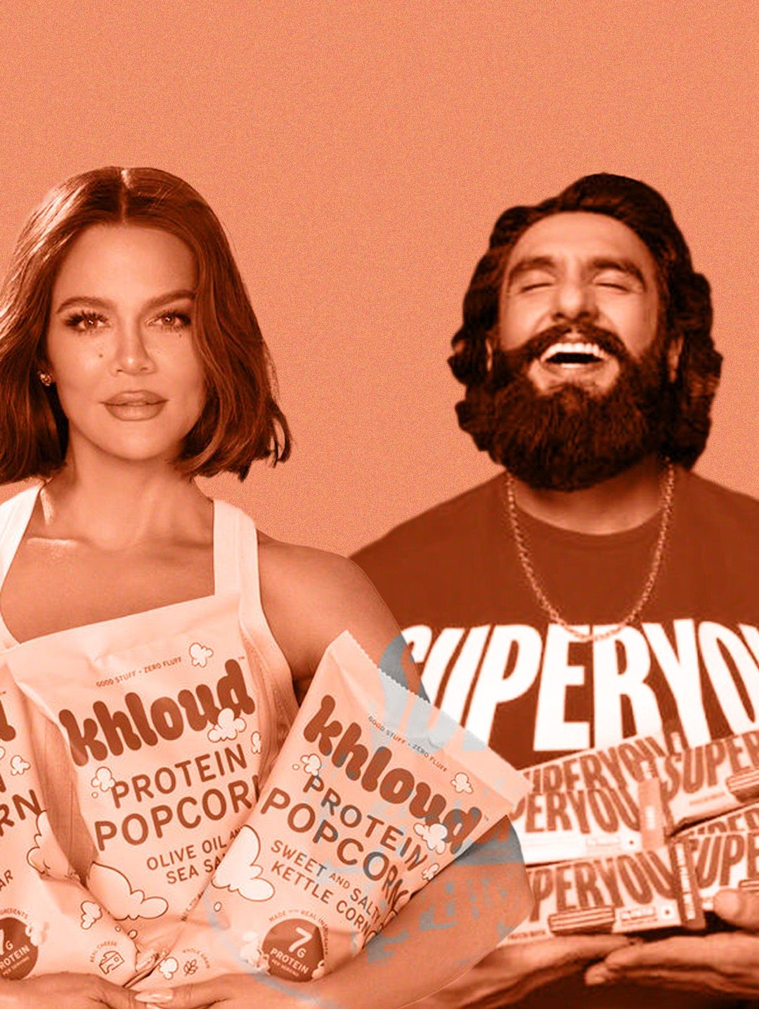A collage featuring Khloe Kardashian and Ranveer Singh and their protein products