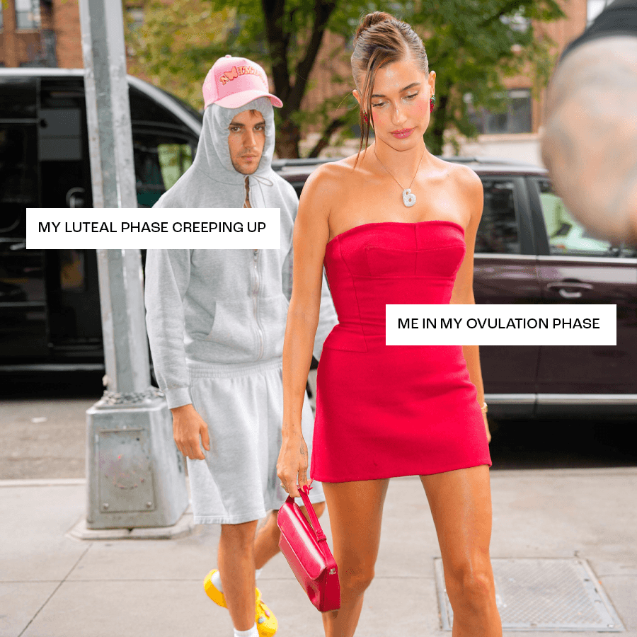 A meme featuring Hailey and Justin Bieber about the luteal phase