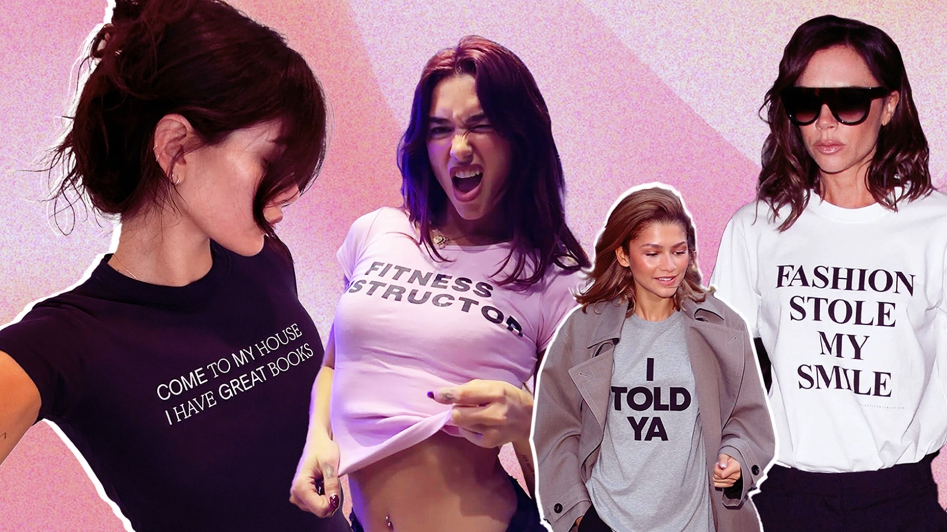 A collage featuring Kaia Gerber, Dua Lipa, Zendaya and Victoria Beckham