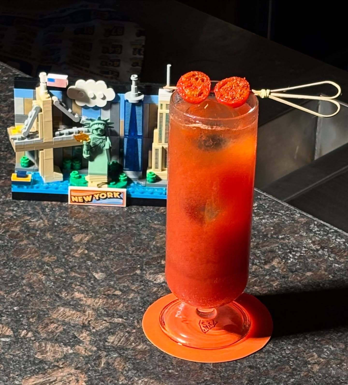 NYC-themed lego display and a Michelada
