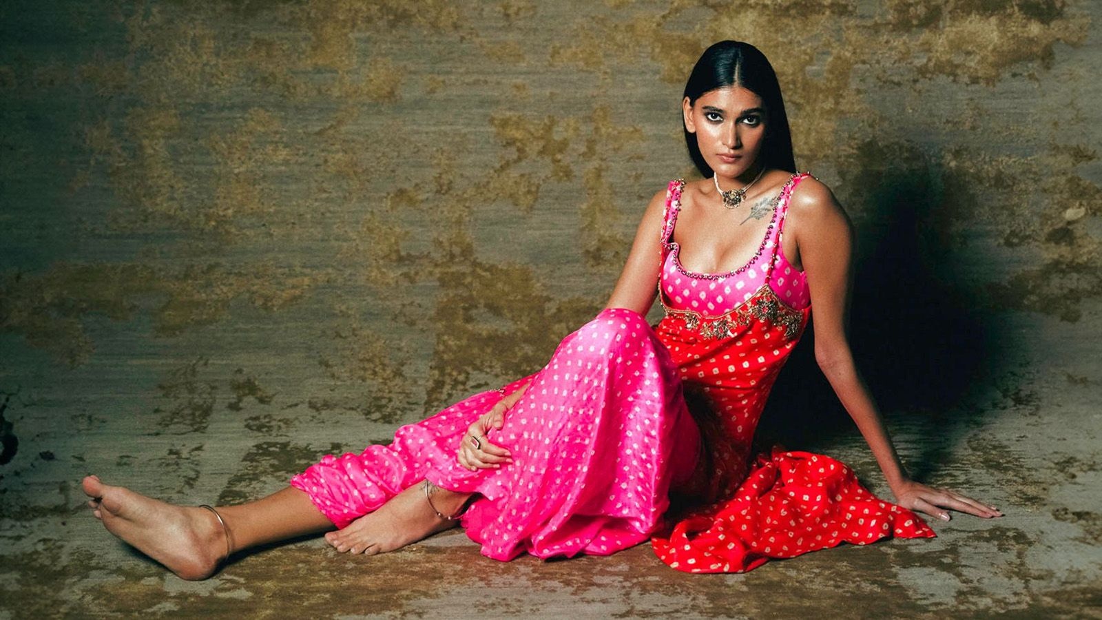 Anushka Khanna crop blouse, kurta and pants; Aurus choker; Anu Merton ring