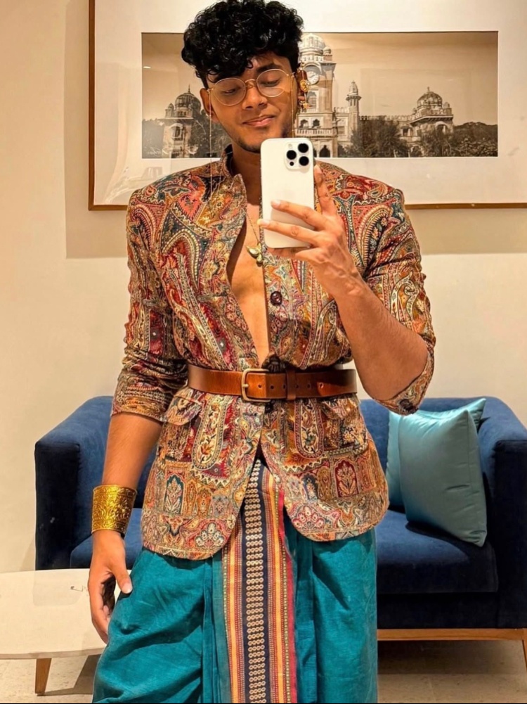 A jacket from Dusala and a dhoti tied together using fabric from a handloom store in Ahmedabad