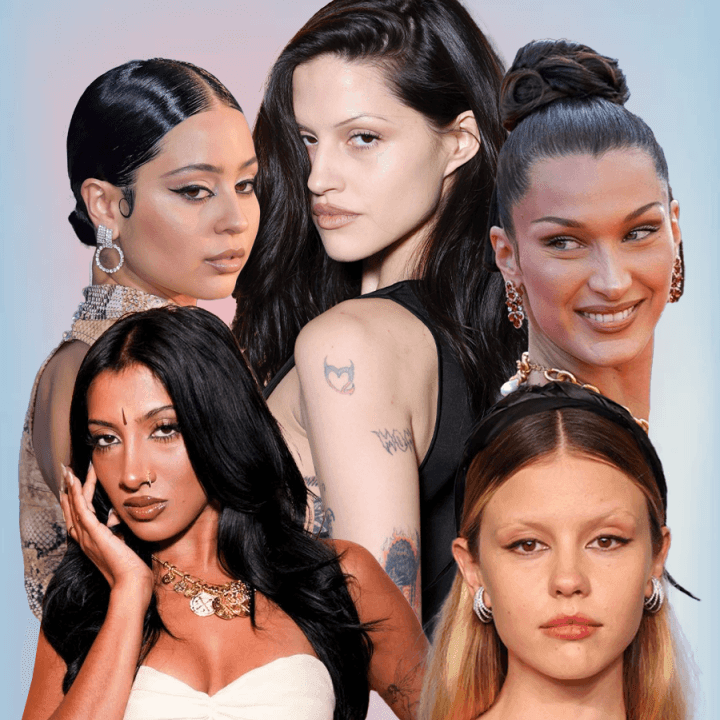 A collage of Alexa Demie, Gabriette, Bella Hadid, Mia Goth, and Lara Raj with thin, skinny brows that are back in fashion