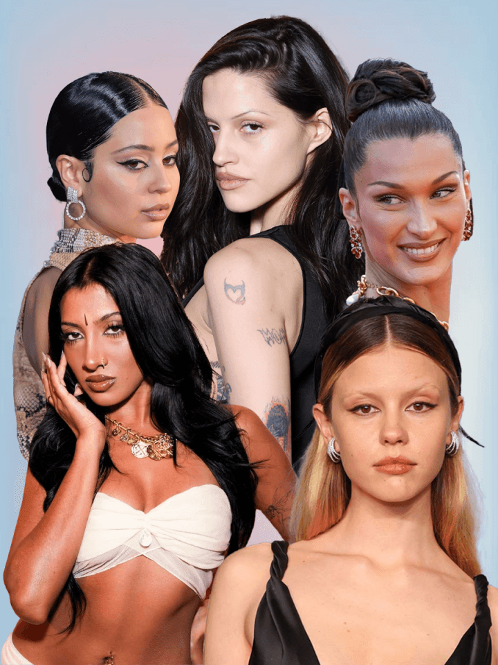 A collage of Alexa Demie, Gabriette, Bella Hadid, Mia Goth, and Lara Raj with thin, skinny brows that are back in fashion